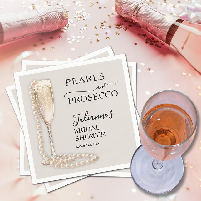 Serviette En Papier Fête des mariées Perles et poursuites (Pearls and Prosecco brunch and bubbly bridal shower napkins)