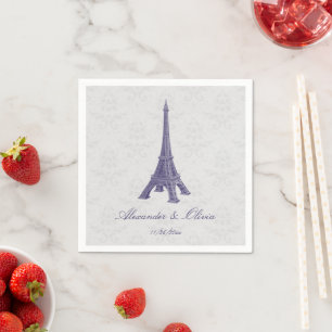 Serviette En Papier Fête des mariées pourpre Tour Eiffel Damas