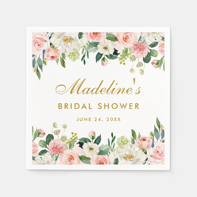 Serviette En Papier Fête des mariées Rose Blush Floral Or (Devant)