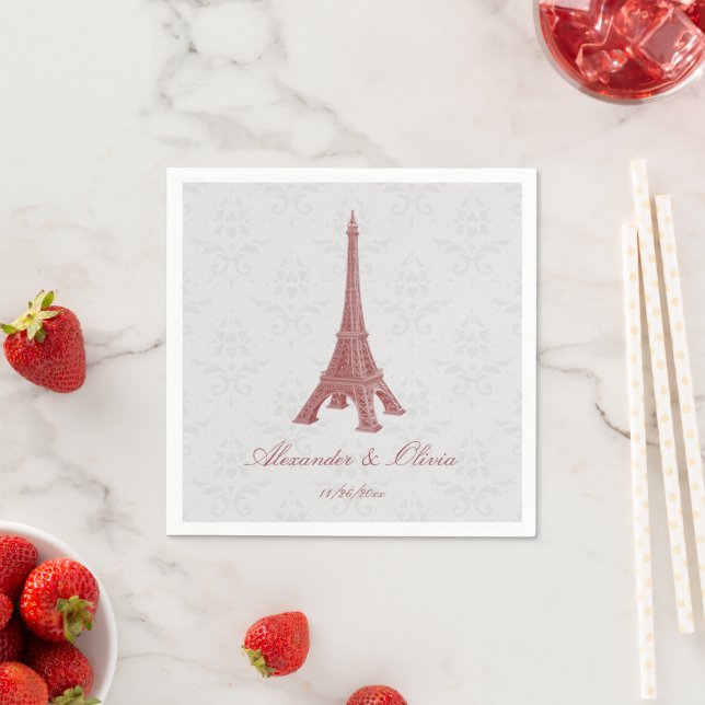 Serviette En Papier Fête des mariées rouge Tour Eiffel Damask (En situation)