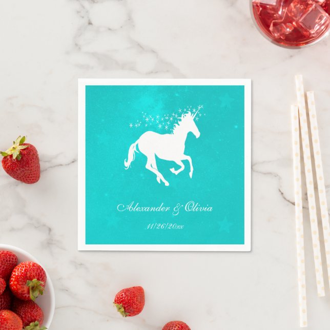 Serviette En Papier Fête des mariées Unicorne Turquoise Napkin (En situation)