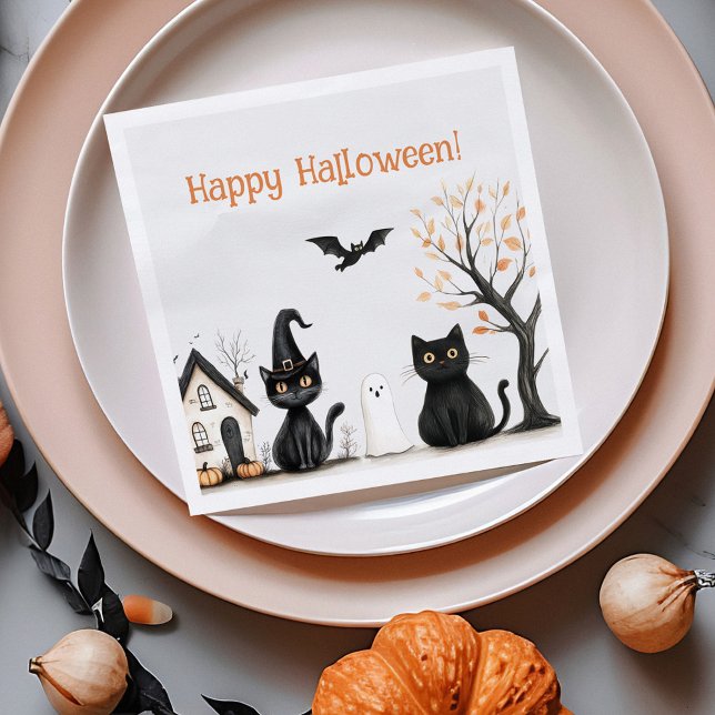 Serviette En Papier Fête d'Halloween aux chats noirs mignons (Cute Black Cats Halloween Party Napkins on an orange plate with autumn decoration)