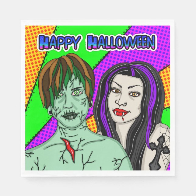 Serviette En Papier Fête d'Halloween | Pop Art zombie Vampire (Devant)