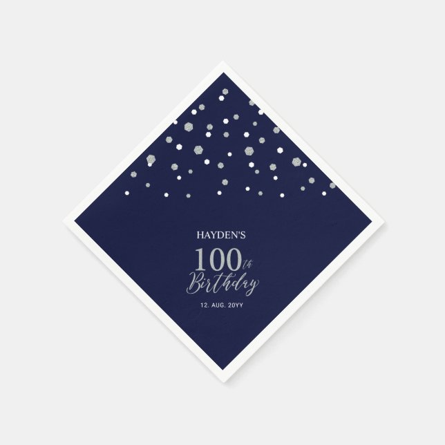 Serviette En Papier Fête du 100e anniversaire de Modern Silver & Navy (Coin)