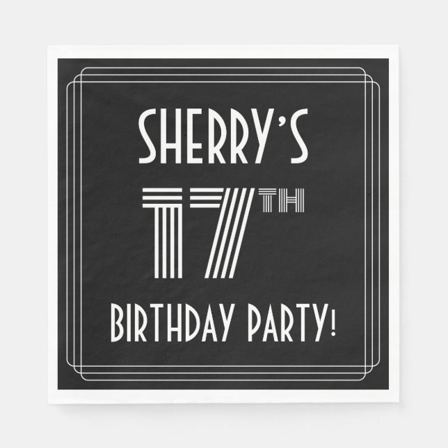 Serviette En Papier Fête du 17ème anniversaire : Style Art Déco + Nom  (Devant)