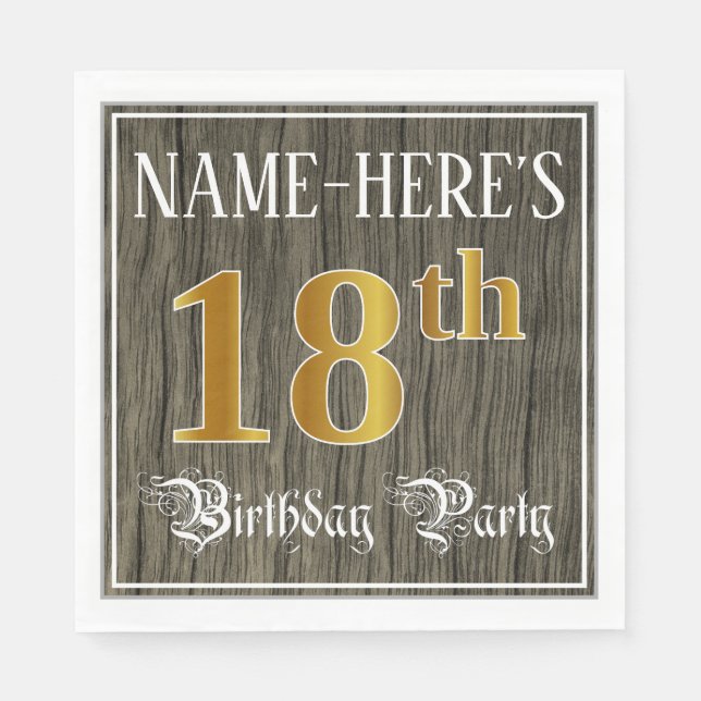 Serviette En Papier Fête du 18e anniversaire — Faux Gold & Faux Wood L (Devant)