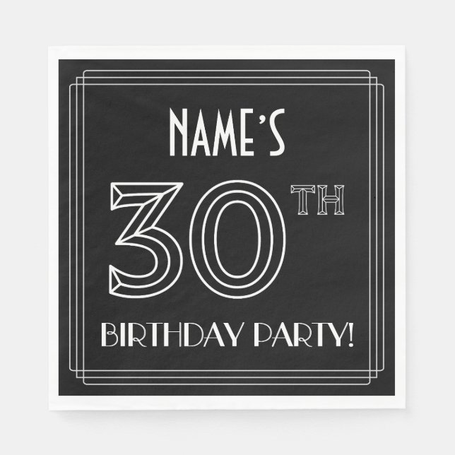 Serviette En Papier Fête du 30e anniversaire : Style Art Déco + Nom pe (Devant)