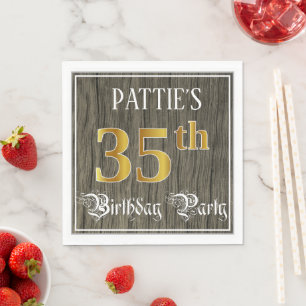 Serviette En Papier Fête du 35e anniversaire — Faux Gold & Faux Wood L