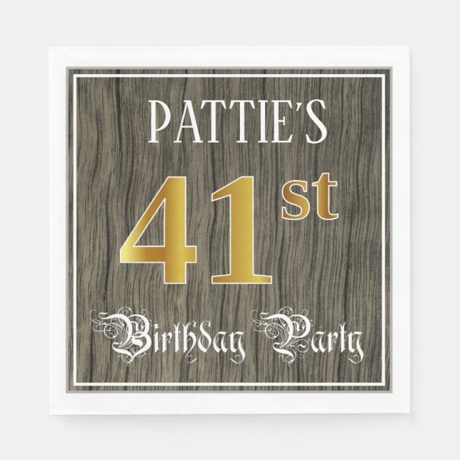 Serviette En Papier Fête du 41e anniversaire — Faux Gold & Faux Wood L (Devant)