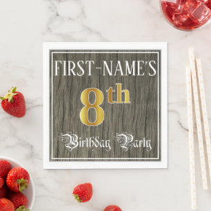 Serviette En Papier Fête du 8e anniversaire — Faux Gold & Faux Wood Lo