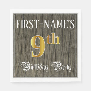 Serviette En Papier Fête du 9e anniversaire — Faux Gold & Faux Wood Lo