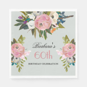 Serviette En Papier Fête élégante de 60 ans avec fleurs peintes à la m