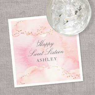 Serviette En Papier Fête élégante rose poudré aquarelle paillettes dor