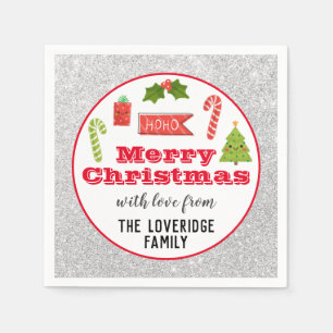 Serviette En Papier Fête Joyeux Noël Rouge Parties scintillant argent