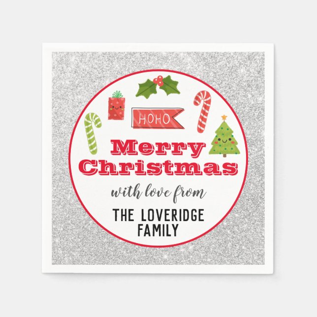 Serviette En Papier Fête Joyeux Noël Rouge Parties scintillant argent (Devant)