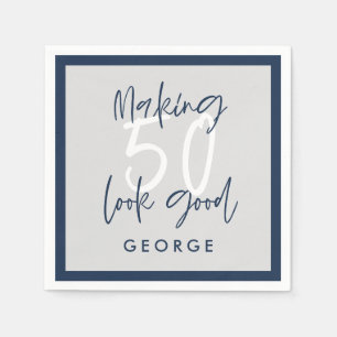 Serviette En Papier Fête photo moderne de 50 ans gris + bleu marine 