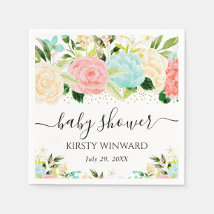 Serviette En Papier Fête Prénatale Fleurs Rose et Menthe à l'Aquarelle