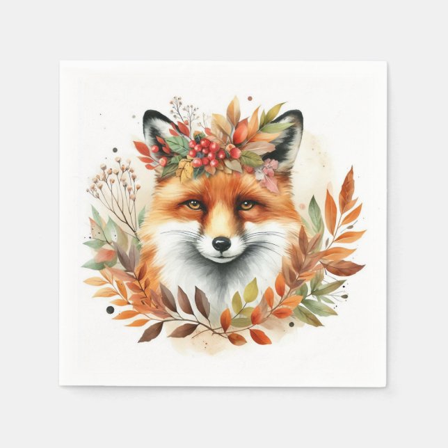 Serviette En Papier Fête Thème Automne  Renard Mignon Couronne de Fleu (Devant)