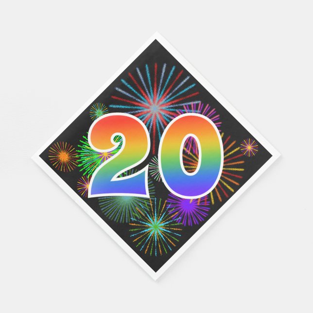 Serviette En Papier Feu d'artifice coloré + Motif arc-en-ciel "20" Num (Coin)