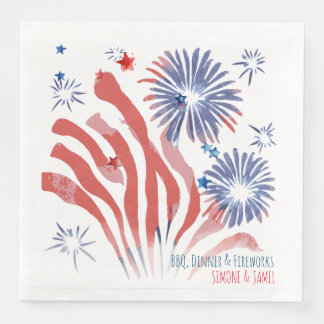 Serviette En Papier Feu d'artifice d'aquarelle rouge et bleu en blanc