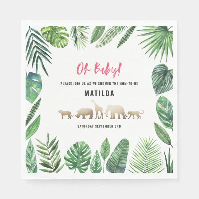 Serviette En Papier Feuillage tropical + animaux d'or baby shower (Devant)