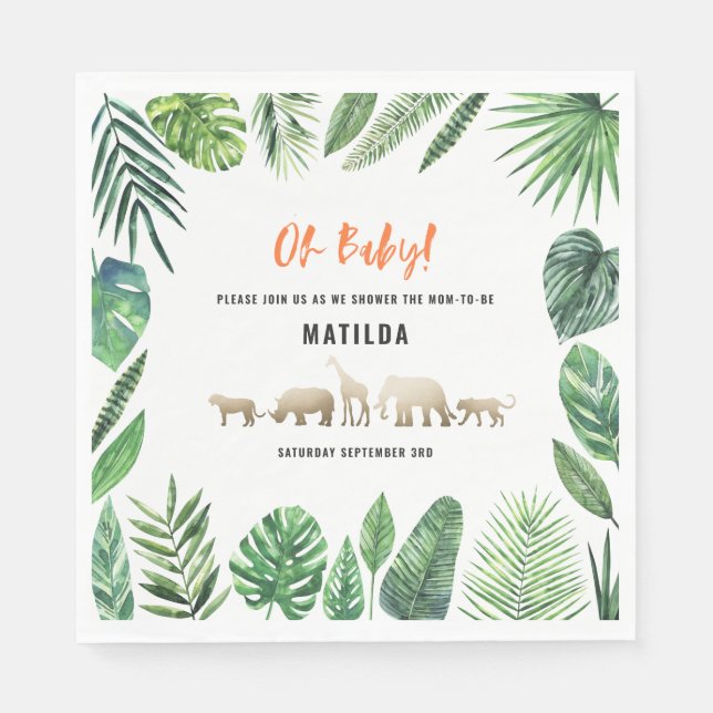 Serviette En Papier Feuillage tropical + animaux d'or baby shower (Devant)