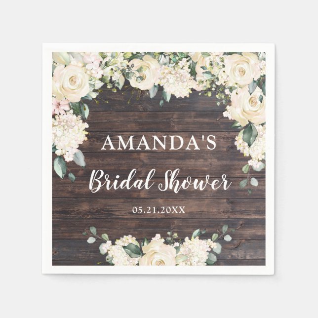 Serviette En Papier Feuillage verdure bois rustique boho roses blanche (Devant)