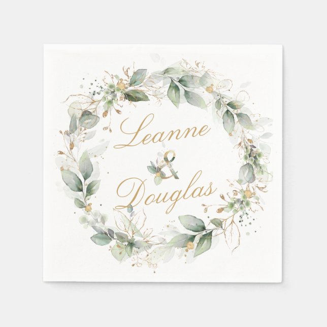 Serviette En Papier Feuillage vert et or Mariage de couronne (Devant)