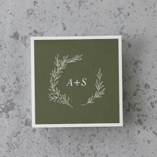 Serviette En Papier Feuille minimale   Mariage de monogramme vert fonc