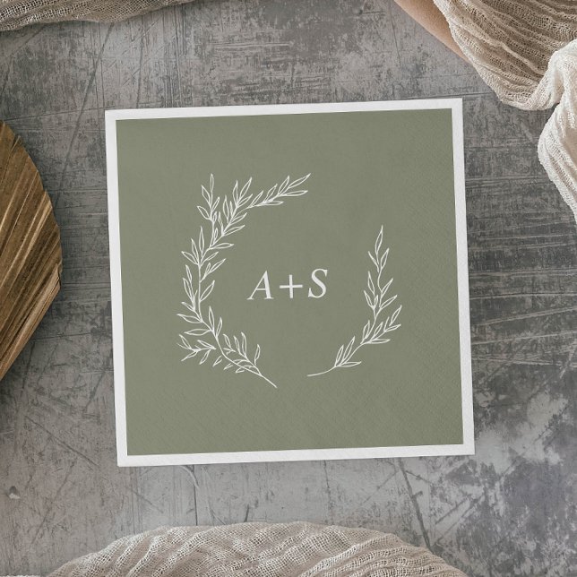 Serviette En Papier Feuille minimale | Mariage de monogramme vert Sage (Créateur téléchargé)