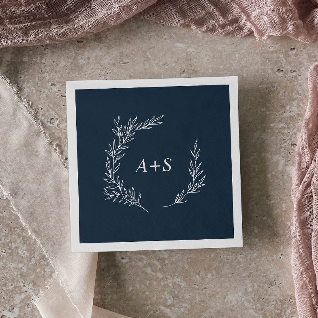 Serviette En Papier Feuille minimale | Mariage Monogramme bleu ardoise (Créateur téléchargé)