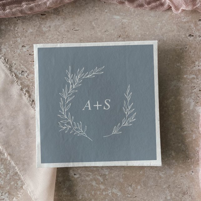 Serviette En Papier Feuille minimale | Mariage Monogramme bleu et blan (Créateur téléchargé)