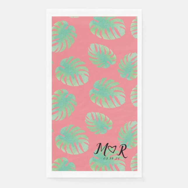 Serviette En Papier Feuille Tropicale de Monstera Logo de Mariage Rose (Devant)
