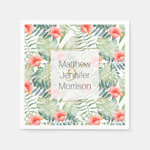Serviette En Papier Feuille tropicale Hibiscus Floral Aquarelle Mariag