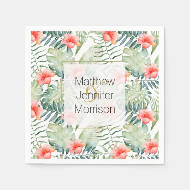 Serviette En Papier Feuille tropicale Hibiscus Floral Aquarelle Mariag (Devant)