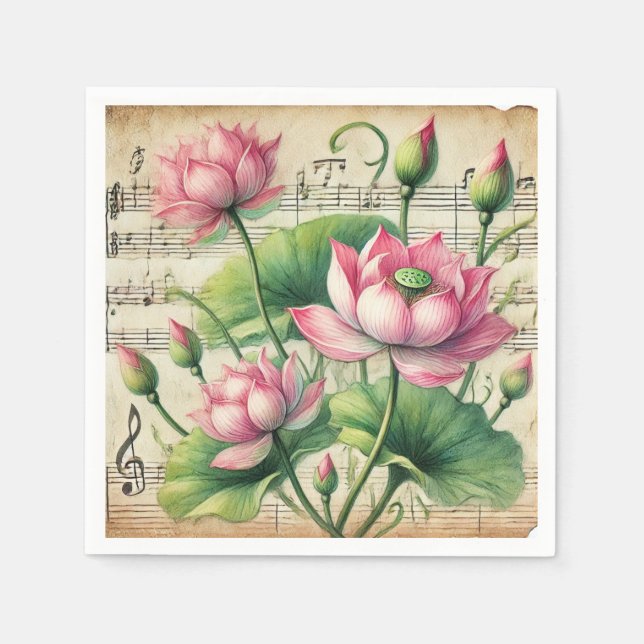 Serviette En Papier Feuille Vintage de Lotus rose et vert Musique Déco (Devant)