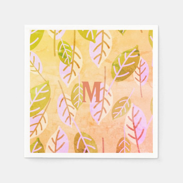 Serviette En Papier Feuilles Abstraites monogrammes roses et d'âge (Devant)