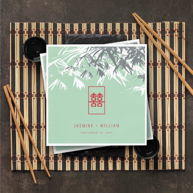 Serviette En Papier Feuilles bambou vert Mint Double Xi Mariage chinoi (Mint Green Bamboo Leaves Double Happiness Chinese Wedding Paper Napkins @ fatfatin_red_knot)