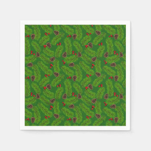 Serviette En Papier Feuilles de pin vert de Noël, cônes et baies rouge