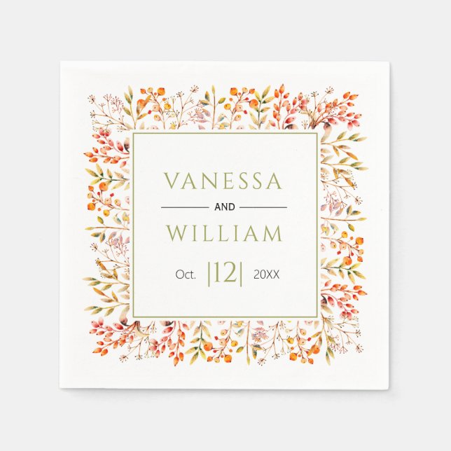 Serviette En Papier Feuilles et baies mariage de automne vert olive (Devant)