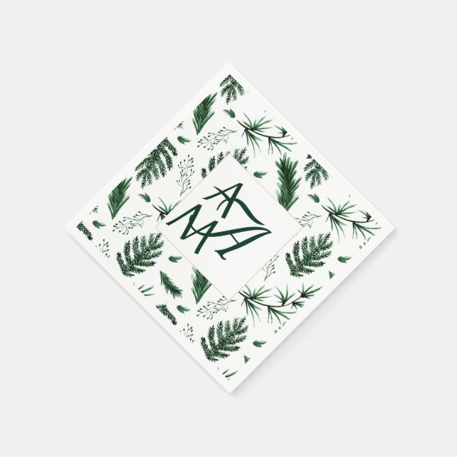 Serviette En Papier Feuilles forestiers Monogramme vert 3 Initiales No (Coin)