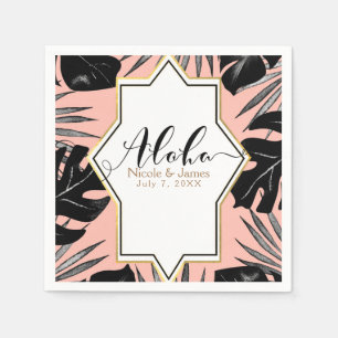 Serviette En Papier Feuilles Tropicaux Noirs & Mariage Or Peach Coral