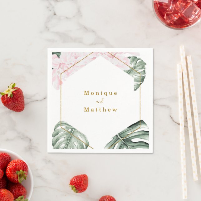 Serviette En Papier Feuilles tropicaux rose Floral or Mariage géométri (En situation)