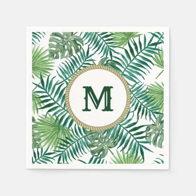 Serviette En Papier Feuilles verts tropicaux avec monogramme personnal (Devant)