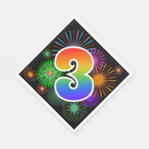 Serviette En Papier Feux d'artifice colorés + Motif "3" d'arc-en-ciel