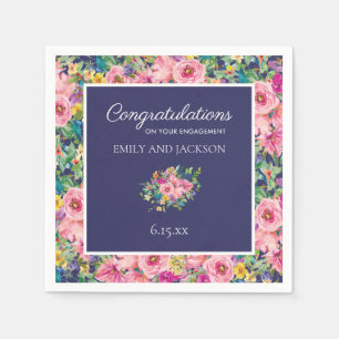 Serviette En Papier Fiançailles floral bleu marine personnalisé
