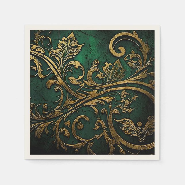 Serviette En Papier Filigree - Vert et Or (Devant)
