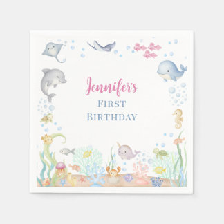 Serviette En Papier Fille 1er anniversaire aquarelle sous la mer