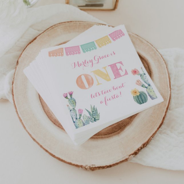 Serviette En Papier Fille 1er Anniversaire Fête, Taco À propos d'une p (Mexican fiesta 1st birthday theme for baby girl with cactus and colorful papel picado)