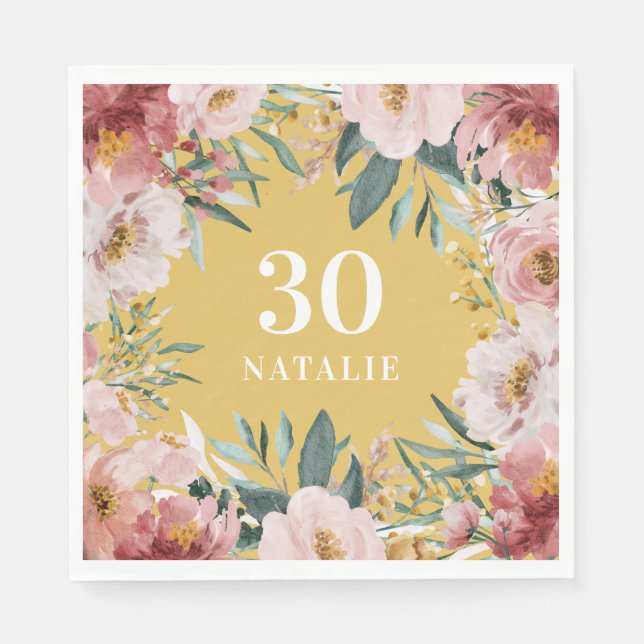 Serviette En Papier Fille aquarelle florale anniversaire rose chic (Devant)